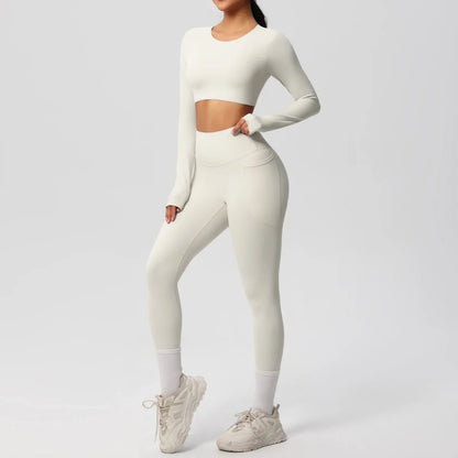 Yoga Set Women Sportswear Yoga Clothes Fitness Long Sleeve With Padded Tracksuits Sports Suit Gym Top High Waist Leggings Pocket