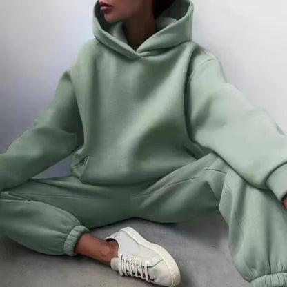 Women's Tracksuit Casual Solid Long Sleeve Hooded Sport Suits Autumn Warm Hoodie Sweatshirts and Long Pant Fleece Two Piece Sets