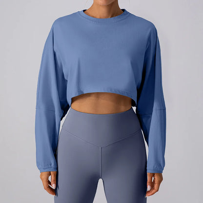 Women Sport O-neck Hoodie Long Sleeve Crop Short Shirt Yoga Running Loose Casual Autunm Outfits Training Workout Gym Sweatshirts