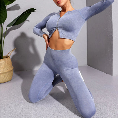 Washed Women Sport Suit Zipper Yoga Set Gym Workout Long Sleeve Fitness Crop Top High Waist Seamless Leggings Gym Set