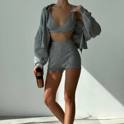 Women's 3 Piece Sport Set Hooded Zipper Jacket+Tank Top+Shorts Euro-American Style Solid Color Loose Fit Gym Yoga Running Outfit