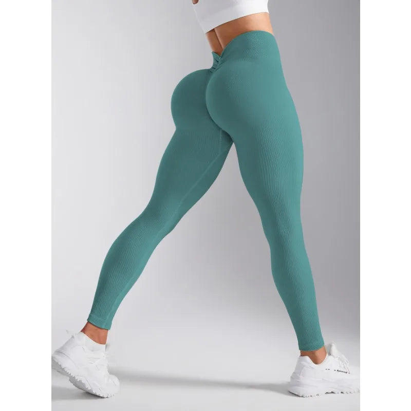 Back V-waist Yoga Leggings Women Seamless Slim Pants Gym Workout Running Sexy Butt Lift Sports Leggings Stretchy Ribbed Pants