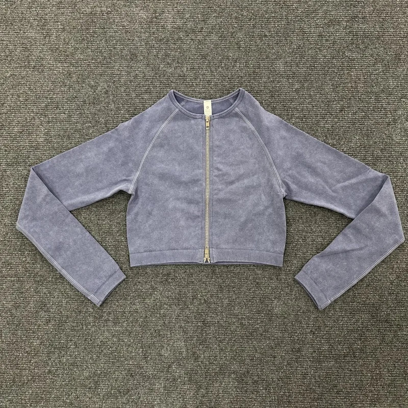 Washed Women Sport Suit Zipper Yoga Set Gym Workout Long Sleeve Fitness Crop Top High Waist Seamless Leggings Gym Set