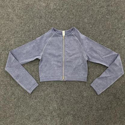 Washed Women Sport Suit Zipper Yoga Set Gym Workout Long Sleeve Fitness Crop Top High Waist Seamless Leggings Gym Set