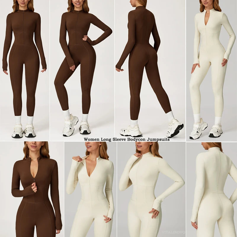 VITALINOVO Fleece Lined Long Sleeve Jumpsuits for Women Full Zipper Bodysuit Workout Full Length Bodycon Scrunch Leggings Onesis
