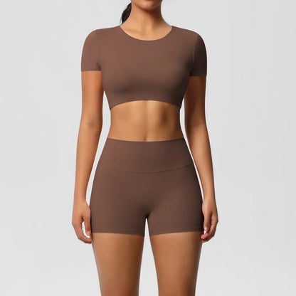 Yoga Suit Women Leggings with Pocketed Quick-Drying Gym Set Women Tracksuit Running Workout Short Sleeves Sports Yoga Clothing