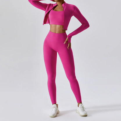 3PCS Yoga Set Women Workout Sets Sportswear Gym Clothing Fitness zipper Long Sleeve High Waist Leggings Sports Suits Yoga Suit
