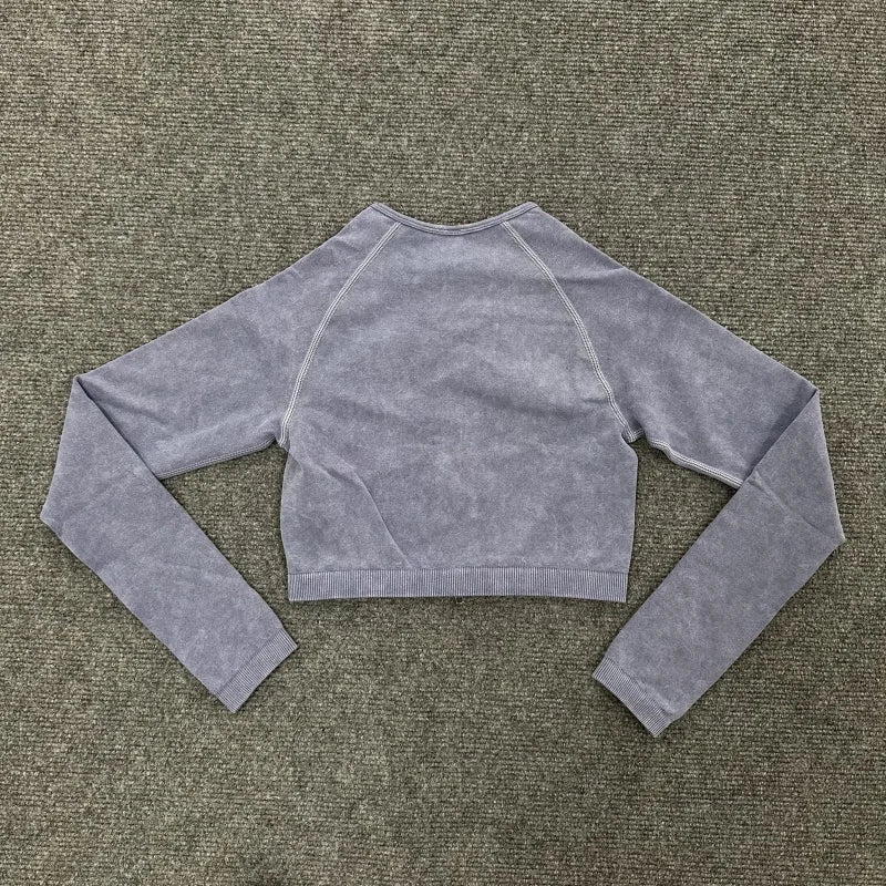 Washed Women Sport Suit Zipper Yoga Set Gym Workout Long Sleeve Fitness Crop Top High Waist Seamless Leggings Gym Set