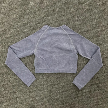 Washed Women Sport Suit Zipper Yoga Set Gym Workout Long Sleeve Fitness Crop Top High Waist Seamless Leggings Gym Set
