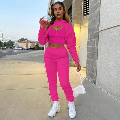 3 Pieces Sets Women Outfits Sweatpants & Hoodie Set Cropped Tops Fleece Pants Suit Tracksuit Fitness Sport Jogger Woman Clothing
