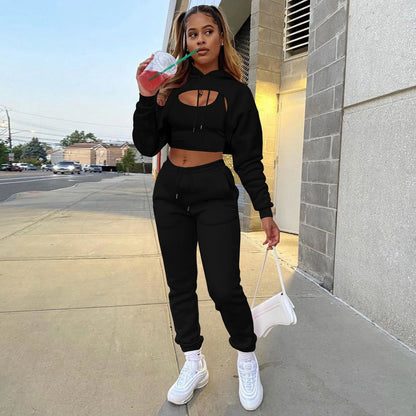 3 Pieces Sets Women Outfits Sweatpants & Hoodie Set Cropped Tops Fleece Pants Suit Tracksuit Fitness Sport Jogger Woman Clothing