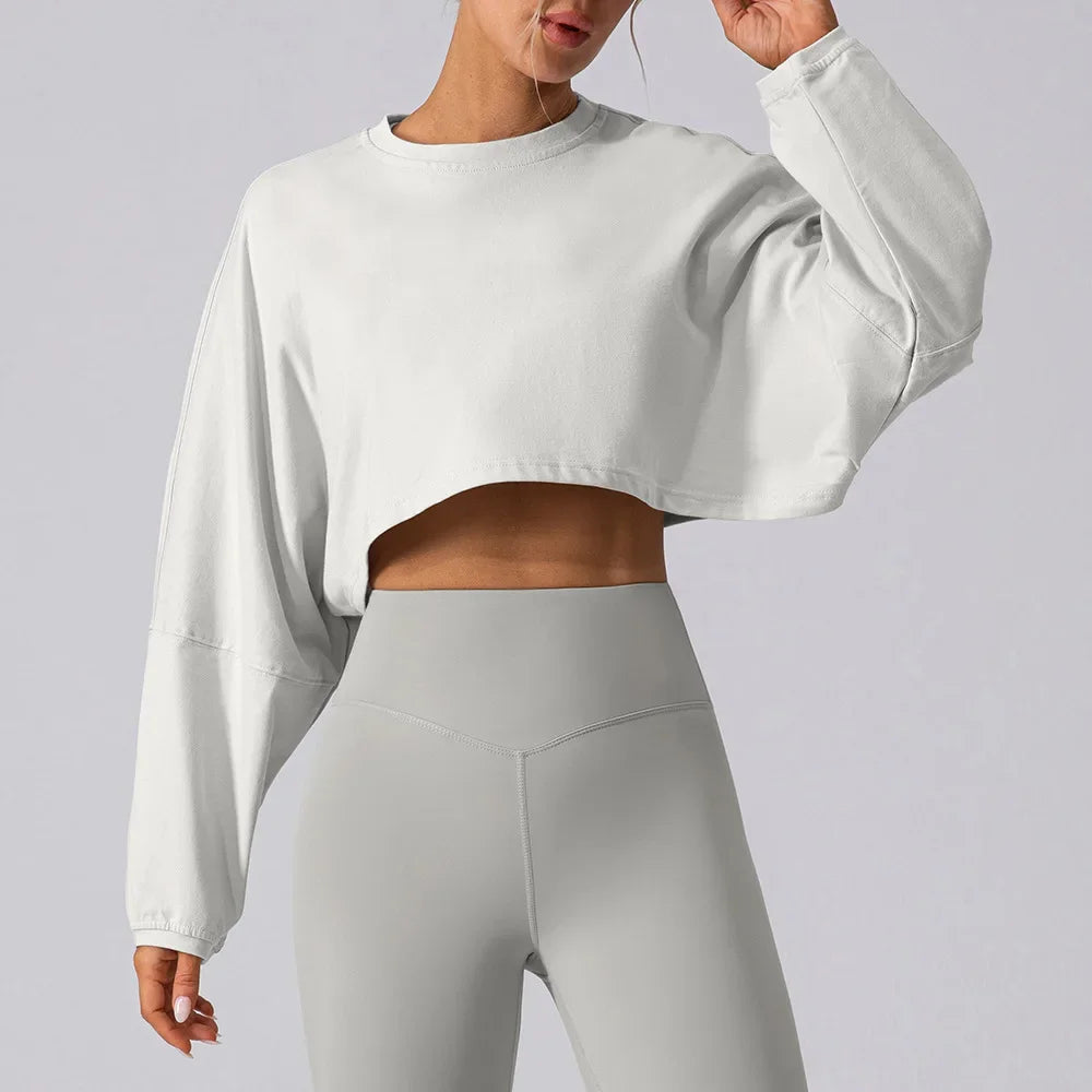 Women Sport O-neck Hoodie Long Sleeve Crop Short Shirt Yoga Running Loose Casual Autunm Outfits Training Workout Gym Sweatshirts