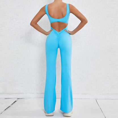 XS-XL New Pad Women Gym Yoga Set Sports Rompers Sexy Back Fitness Workout Pant Flare Leggings One Piece Jumpsuit Active Wear