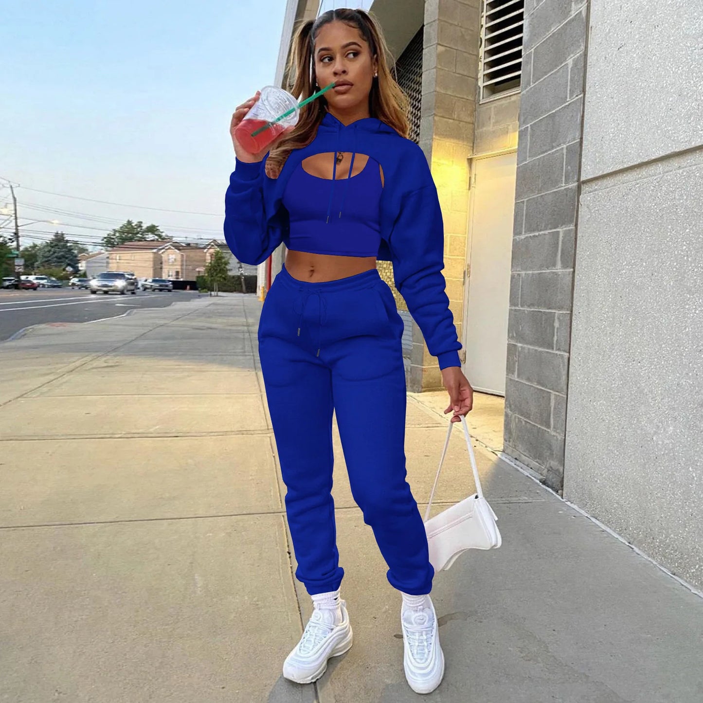 3 Pieces Sets Women Outfits Sweatpants & Hoodie Set Cropped Tops Fleece Pants Suit Tracksuit Fitness Sport Jogger Woman Clothing