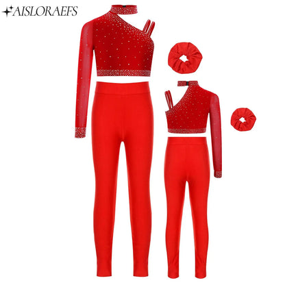 Girls Ballet Dance Outfit Unique Irregular Shoulder Rhinestones Crop Top with Hairband Leggings for Figure Skating Gymnastics
