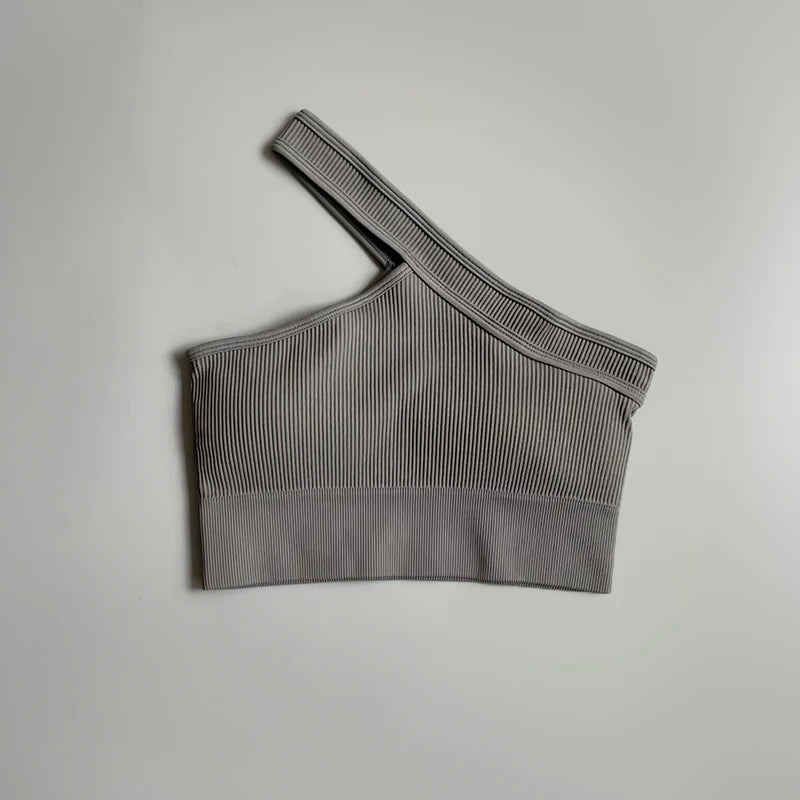 Women's Cropped Yoga Bra Sexy One Shoulder Sports Bra Underwear Padded Gym Seamless Knitted Fitness Breathable Female Bra