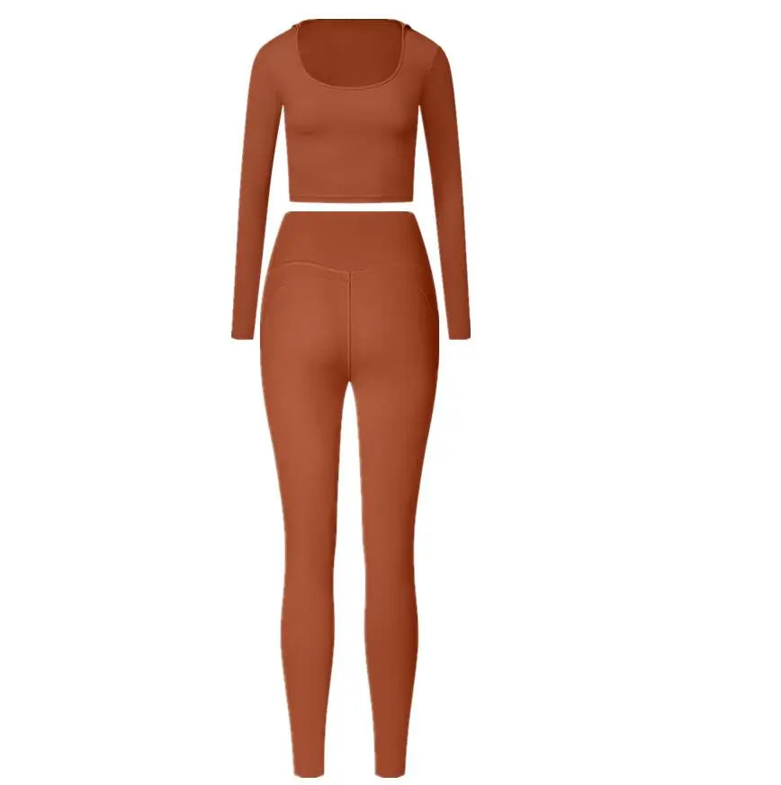 2PCS Hoody Sportswear Long Sleeve Crop Top Women Yoga Set Fitness Bra Workout Clothes Active Gym Legging Athletic Wear Suit XP14