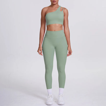 Solid Color Slant Shoulder Bra and Yoga Pants Set for Woman Quick Drying Legging Fitness Sports Gym Yoga Set