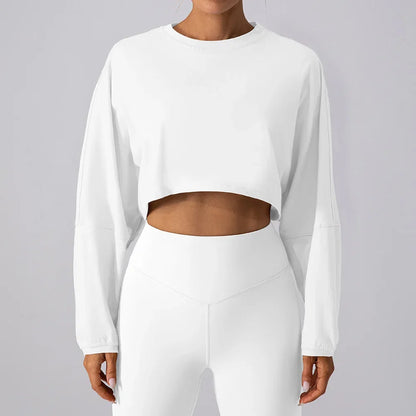 Women Sport O-neck Hoodie Long Sleeve Crop Short Shirt Yoga Running Loose Casual Autunm Outfits Training Workout Gym Sweatshirts