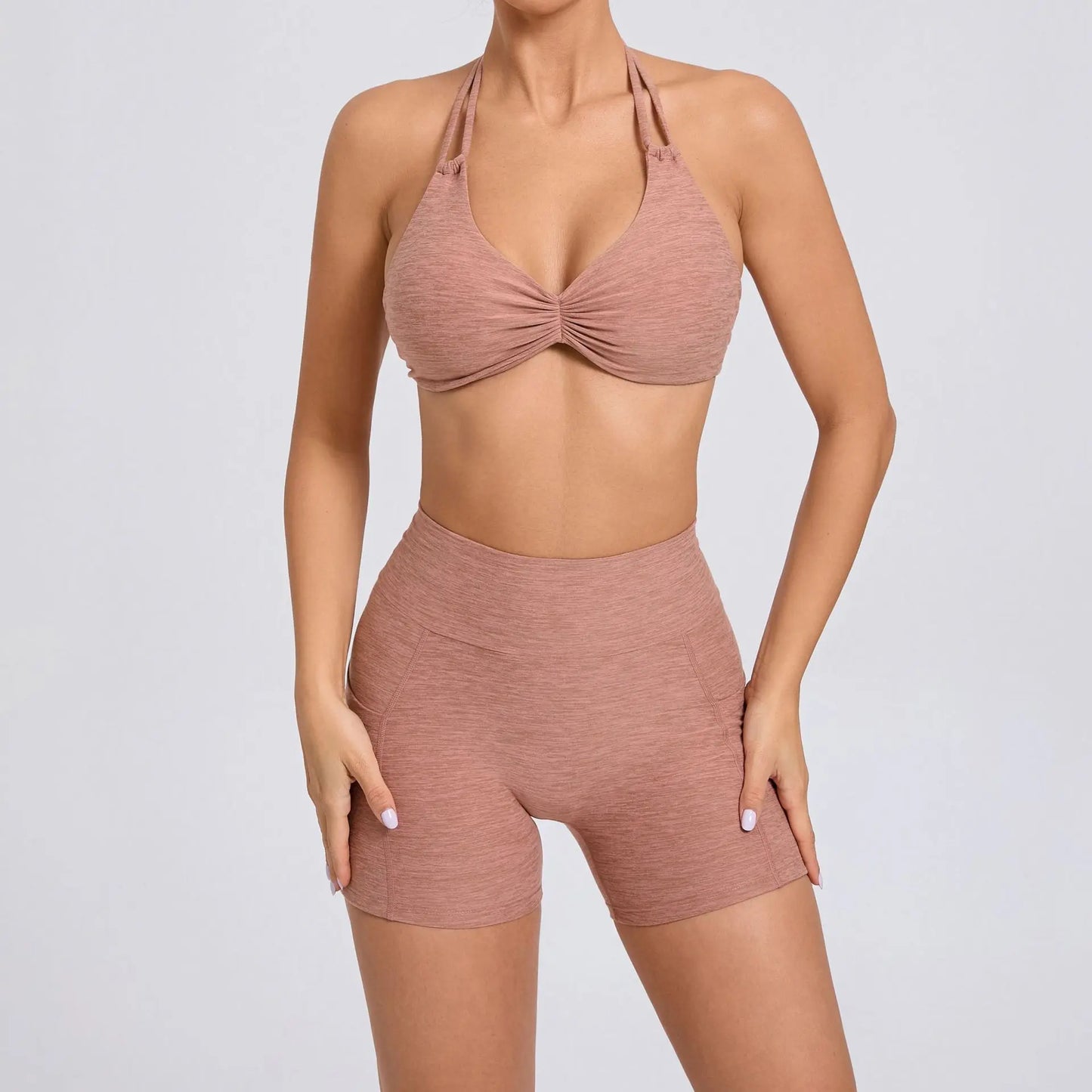 Sport Bra Halter Yoga Set Gym Pocket V Back Shorts Women Workout Tops Women Fitness Leggings Gym Active Wear