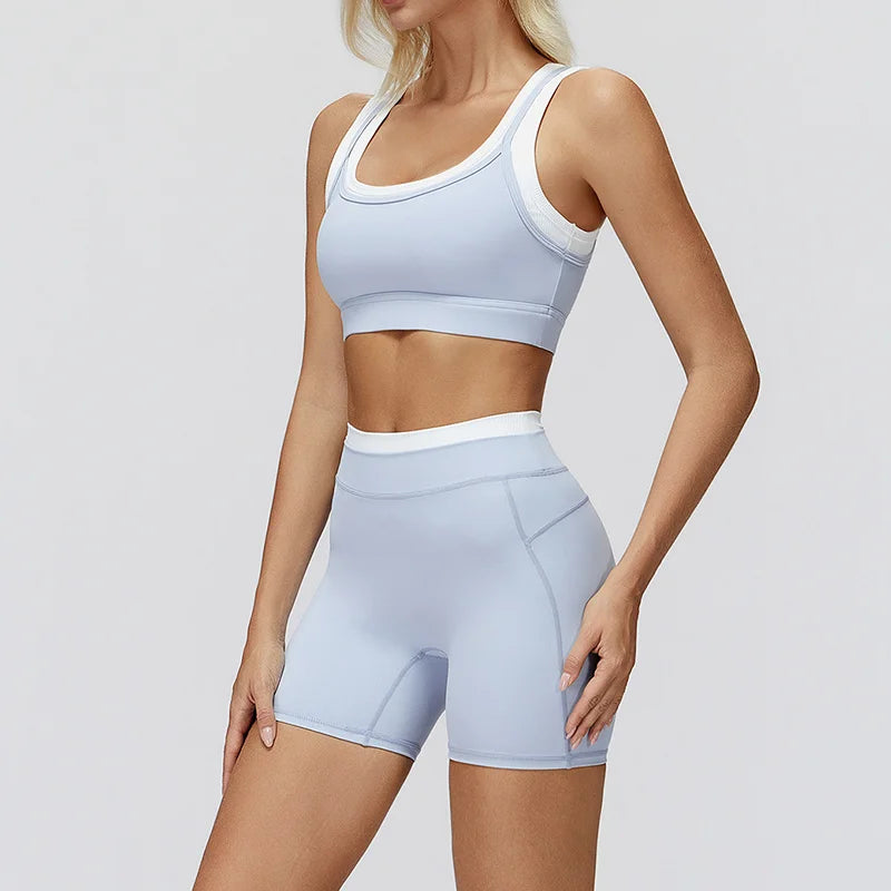 TRY TO BN Yoga Shorts Sets Women's Tracksuit Two Fake Pieces Sports Ribbed Contrasting Color Workout Running Fitness Gym Clothes