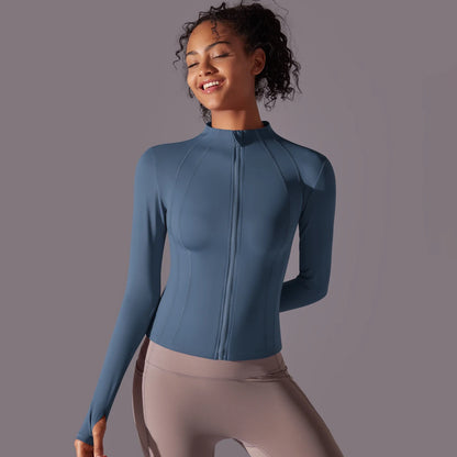 Gym Women's Full Zip Yoga Top With Thumbholes Fitness Running Jacket Stretch Fit Long Sleeve Round Neck Top Sportswear Workout