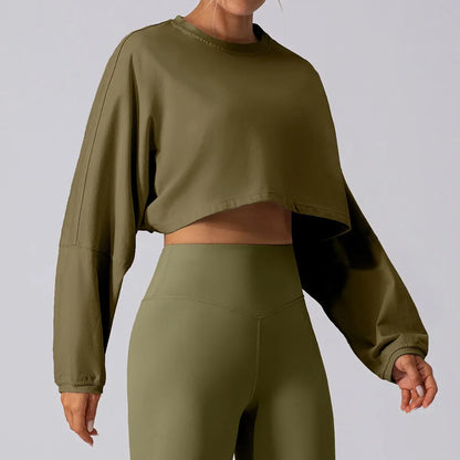 Women Sport O-neck Hoodie Long Sleeve Crop Short Shirt Yoga Running Loose Casual Autunm Outfits Training Workout Gym Sweatshirts