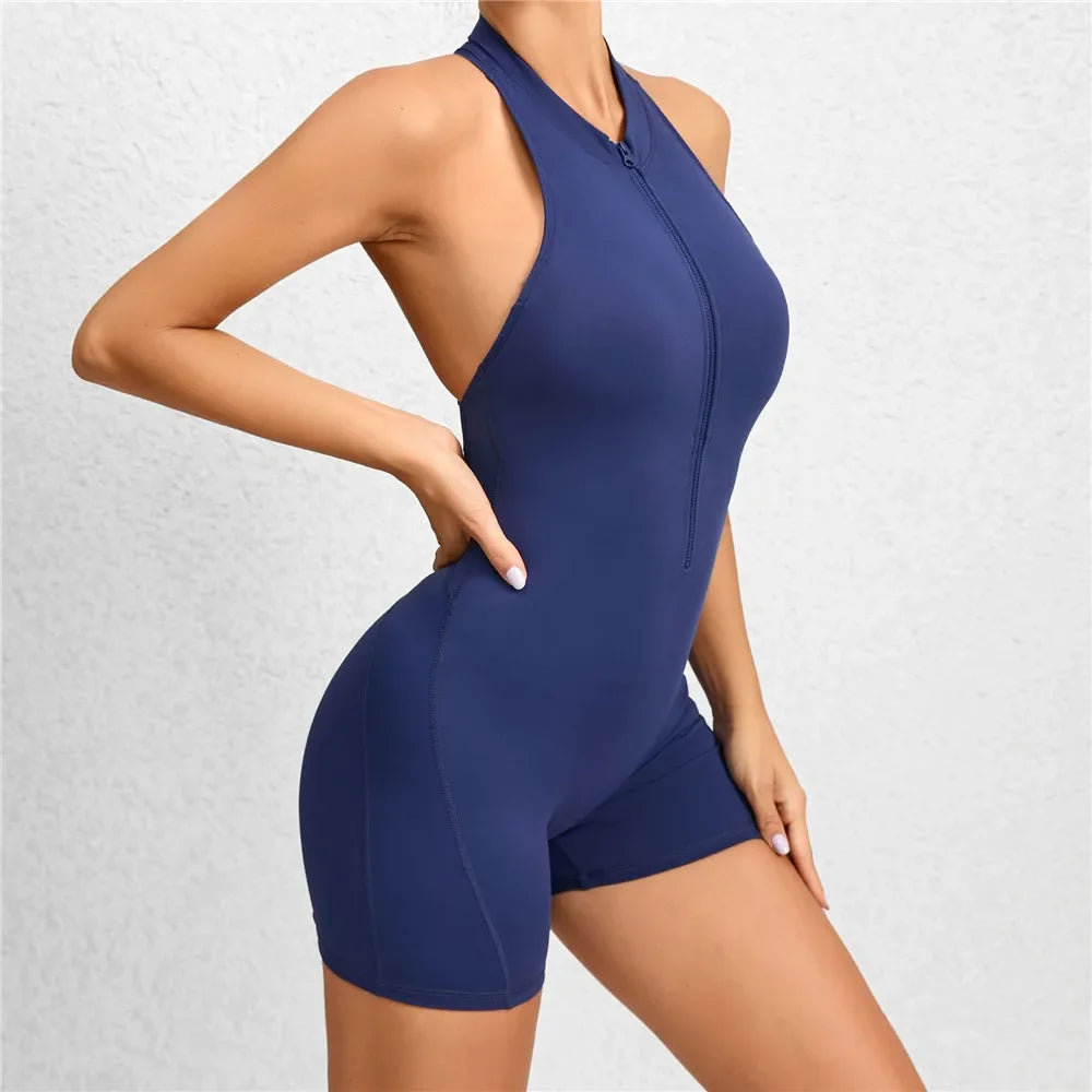 Zipper Women Pad Yoga Jumpsuits One Piece Romper Workout Legging Bodysuit Sport Gym Active Suit Exercise Wear Womens Fitness