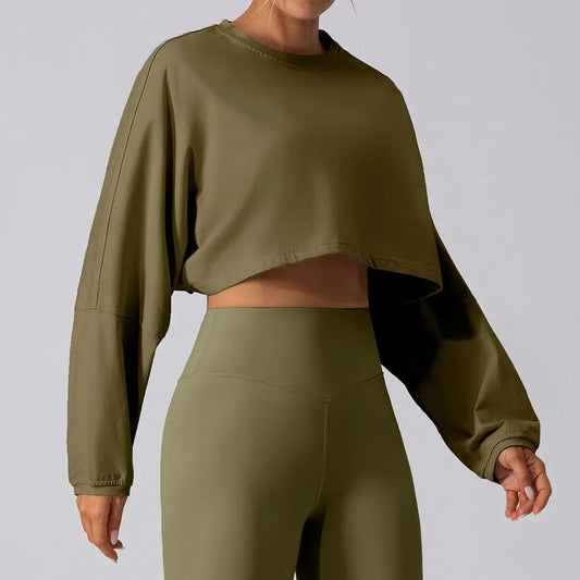 Women Sport O-neck Hoodie Long Sleeve Crop Short Shirt Yoga Running Loose Casual Autunm Outfits Training Workout Gym Sweatshirts