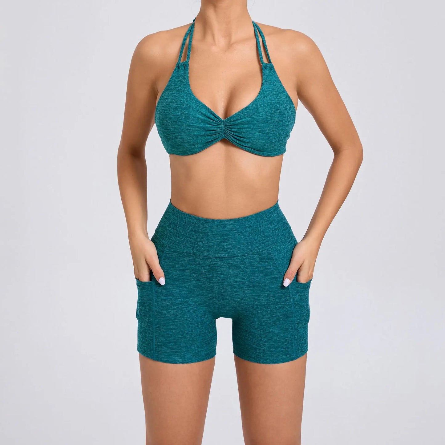 Sport Bra Halter Yoga Set Gym Pocket V Back Shorts Women Workout Tops Women Fitness Leggings Gym Active Wear