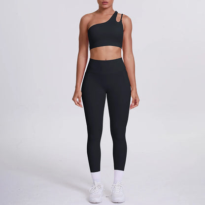 Solid Color Slant Shoulder Bra and Yoga Pants Set for Woman Quick Drying Legging Fitness Sports Gym Yoga Set
