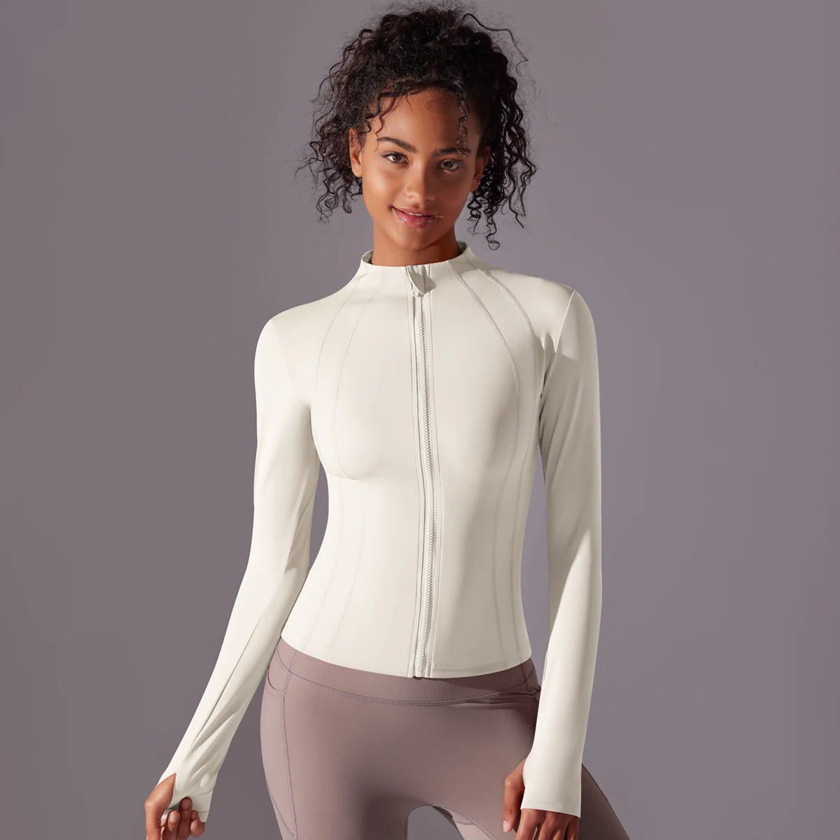 Gym Women's Full Zip Yoga Top With Thumbholes Fitness Running Jacket Stretch Fit Long Sleeve Round Neck Top Sportswear Workout