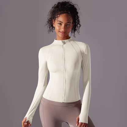 Gym Women's Full Zip Yoga Top With Thumbholes Fitness Running Jacket Stretch Fit Long Sleeve Round Neck Top Sportswear Workout