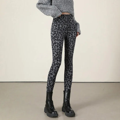 Autumn Winter Leopard Print Leggings Women's Velvet Pants Ankle Length High Waist Slim Elastic Warm Yoga Sport Leggings Women