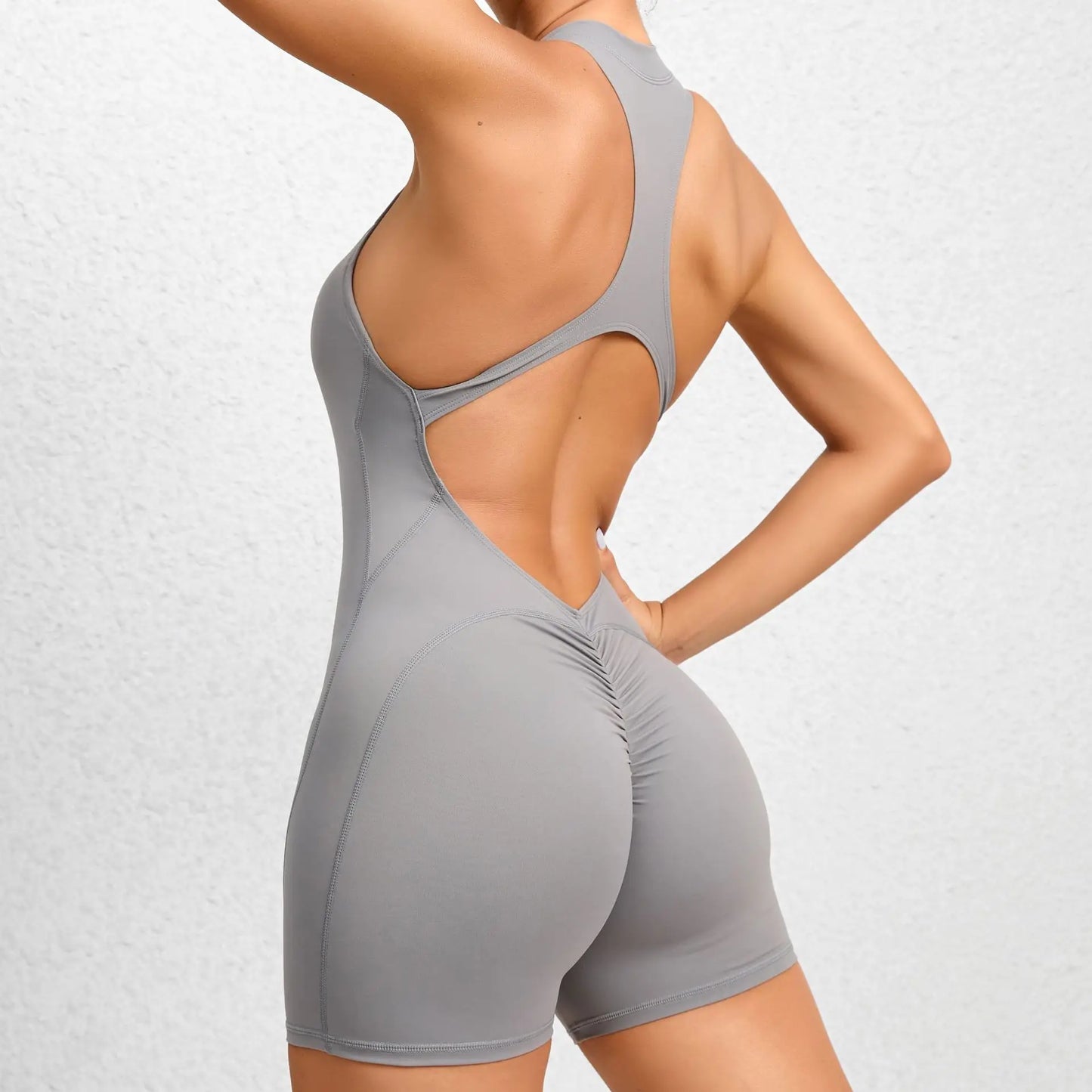 V Back Scrunch One-Piece Suit Push Up Sports Jumpsuit Woman Fitness Zipper Overalls Workout Rompers Women Gym Bodysuits Female