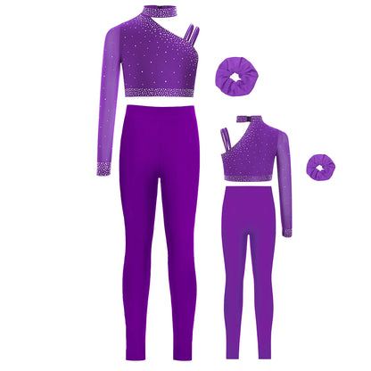 Girls Ballet Dance Outfit Unique Irregular Shoulder Rhinestones Crop Top with Hairband Leggings for Figure Skating Gymnastics