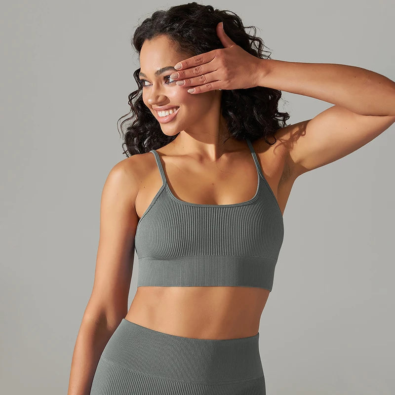 Women's Cropped Yoga Bra Sexy One Shoulder Sports Bra Underwear Padded Gym Seamless Knitted Fitness Breathable Female Bra