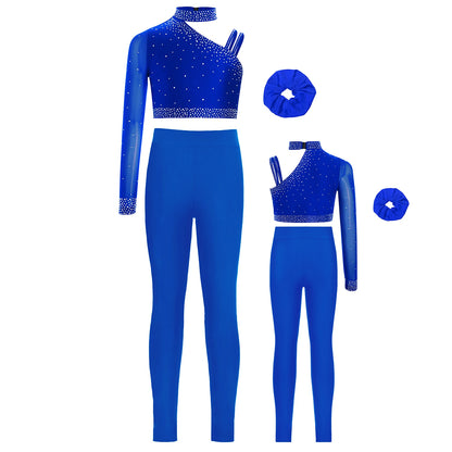 Girls Ballet Dance Outfit Unique Irregular Shoulder Rhinestones Crop Top with Hairband Leggings for Figure Skating Gymnastics