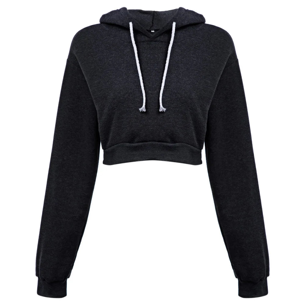 Fashion Women Solid Hoodie Sweatshirt Short Tops Sport Pullover Hooded Streetwear Female Autumn Winter Clothes Crop Tops Hoodie