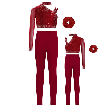 Girls Ballet Dance Outfit Unique Irregular Shoulder Rhinestones Crop Top with Hairband Leggings for Figure Skating Gymnastics