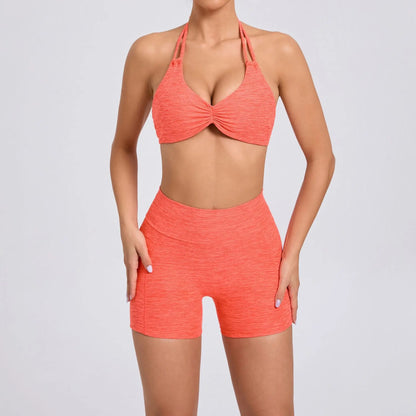 Sport Bra Halter Yoga Set Gym Pocket V Back Shorts Women Workout Tops Women Fitness Leggings Gym Active Wear