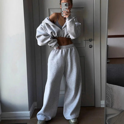 DSMTRC 2025 Autumn Ladies Casual Sport Two Piece Matching Sets Hoodies Crop Top+Sweatpants Pants Suits Black Club Outfits Woman