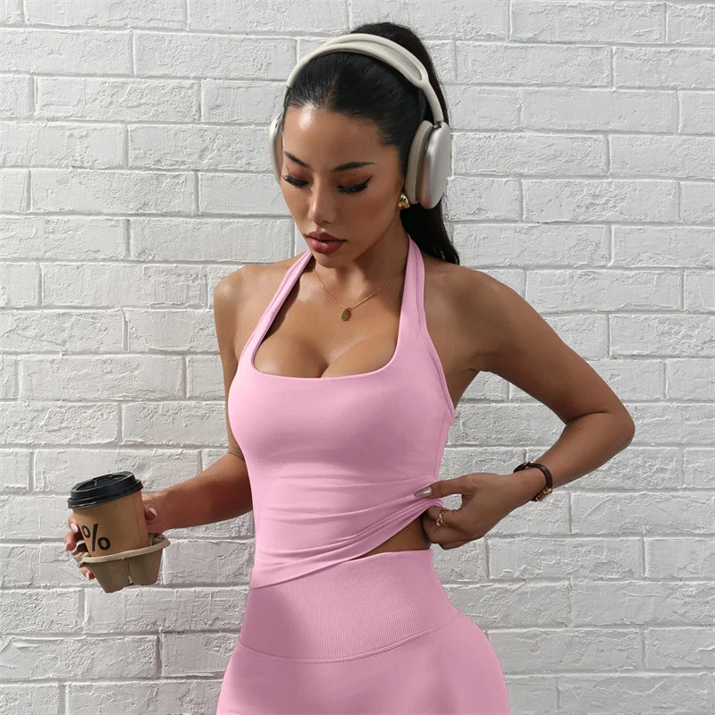 TRY TO BN Gym Woman Top Neck Halter Sports Bra Seamless Beautiful Back Vest Fitness Workout Running Training Tight Yoga Clothing