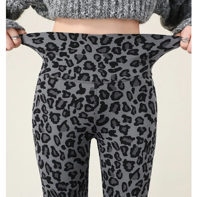 Autumn Winter Leopard Print Leggings Women's Velvet Pants Ankle Length High Waist Slim Elastic Warm Yoga Sport Leggings Women
