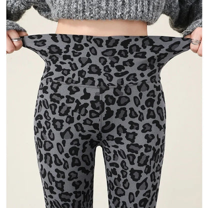 Autumn Winter Leopard Print Leggings Women's Velvet Pants Ankle Length High Waist Slim Elastic Warm Yoga Sport Leggings Women