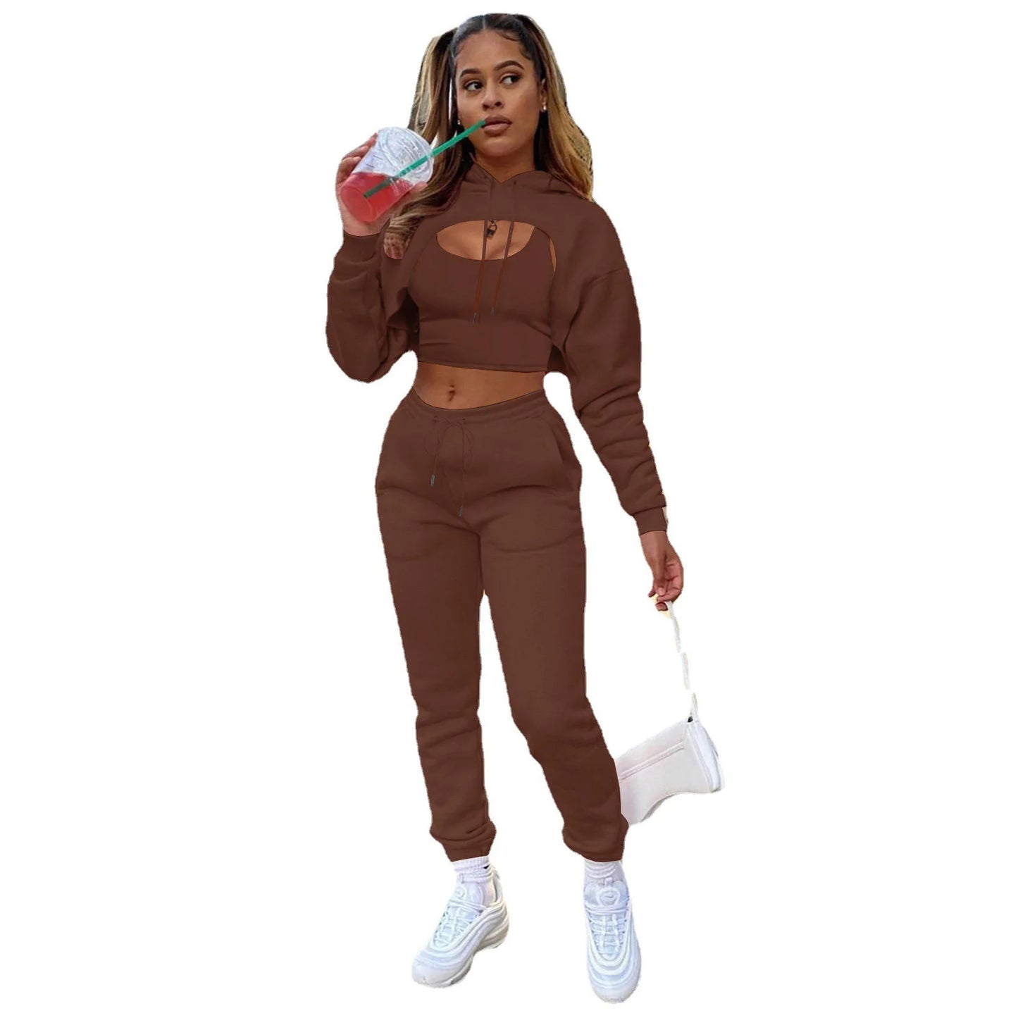 3 Pieces Sets Women Outfits Sweatpants & Hoodie Set Cropped Tops Fleece Pants Suit Tracksuit Fitness Sport Jogger Woman Clothing