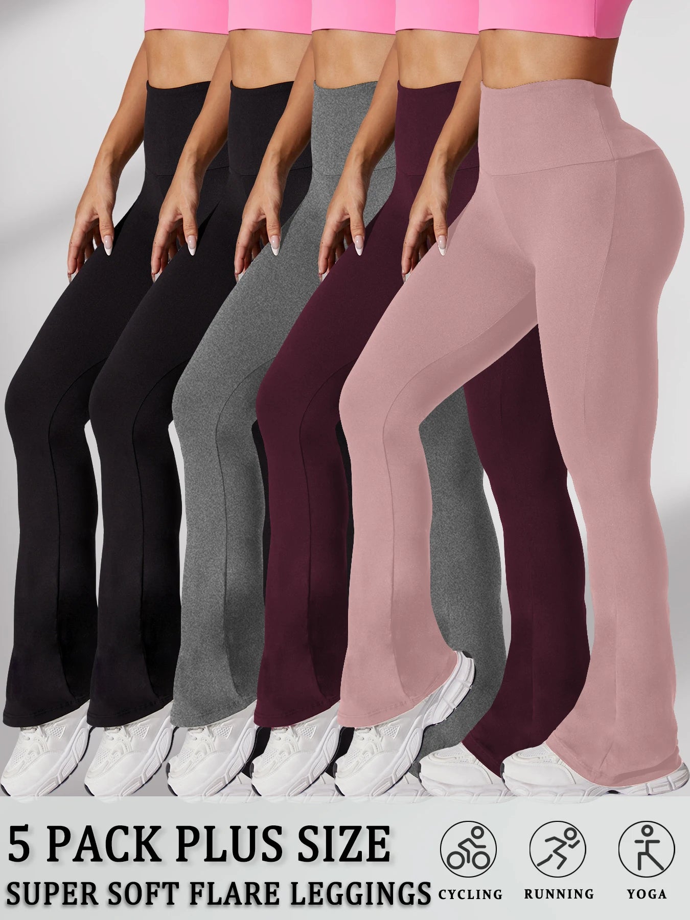 5 Pack Plus Size Women's Super Soft High Waisted Flare Pants, Leggings Tummy Control Soft Bootleg Bell Bottoms Running