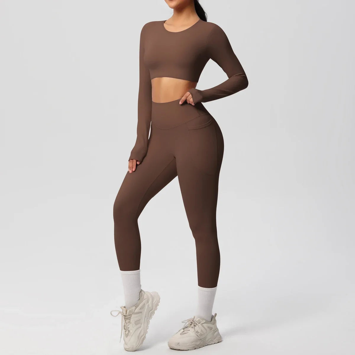 Yoga Set Women Sportswear Yoga Clothes Fitness Long Sleeve With Padded Tracksuits Sports Suit Gym Top High Waist Leggings Pocket