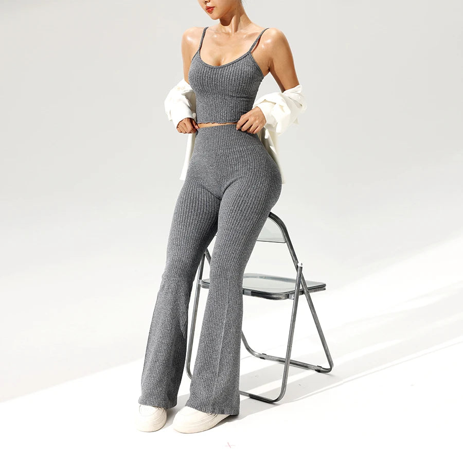 2pcs/set Seamless Flared Pants Ribbed Tank Top Outfit Women Gym Yoga Clothes Flared Trousers Vest Set Sexy for Clubs Date Nights