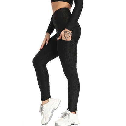 High Waist Yoga Pants Fitness Women Stretch Honeycomb Leggings with Pockets Gym Workout Jogging Cycling Tights Female Clothing